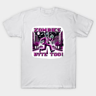 Neon Pink 8-Bit Zombie Chase in Cyberpunk City: Retro Gaming Art T-Shirt